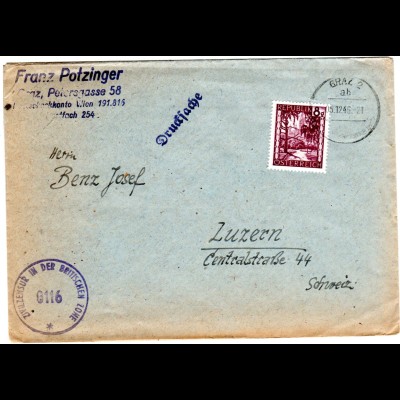 Österreich 1946, EF 8 G. auf Zensur Drucksache Brief v. Graz i.d. Schweiz