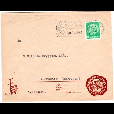 DR 1939, EF 5 Pf. auf Drucksache Brief v. KREFELD 2 n. Norwegen