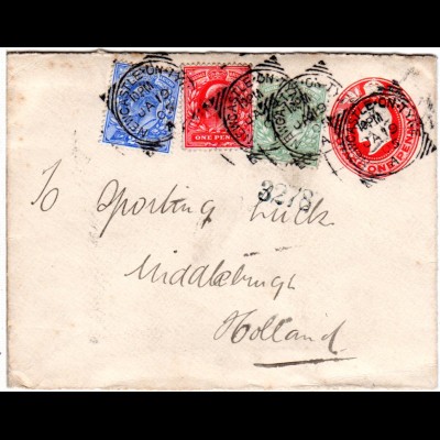 GB 1905, 1d Ganzsache Brief m. schöner Farbfrankatur v. Newcastle-On-Tyne