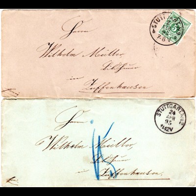 Württemberg 1893/95, 2 Orts Briefe v. Stuttgart, 1mal m. Zuffenhausen Nachporto