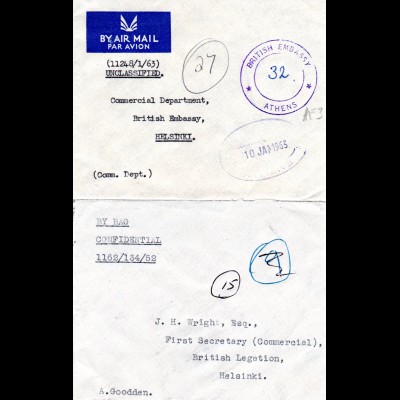 GB, 2 Diplomatenpost Briefe, 1x v. Griechenland m. Stpl. British Embassy Athens