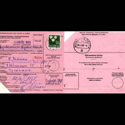 BRD 1968, MÜNCHEN PSCHA aa rücks. auf Internationaler Postanweisung v. Schweden