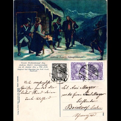 Österreich, 1+Paar 2 H. auf Andreas Hofer AK, 1908 v. Bregenz gebr.