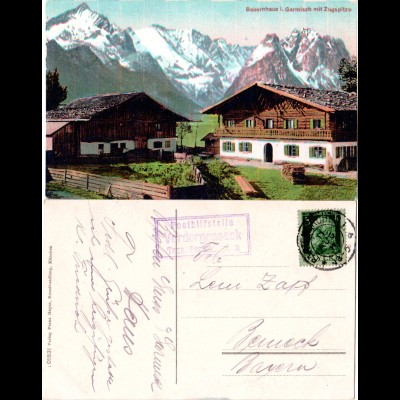 Bayern 1917, Posthilfstelle Vordergraseck Taxe Partenkirchen auf AK m. 5 Pf.