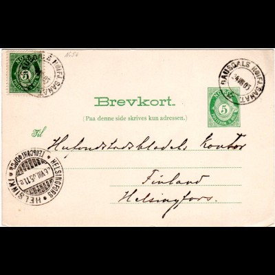Norwegen 1905, 5 öre auf 5 öre Ganzsache v. K2 GAUSDALS HOIFJ.SANAT. n. Finnland