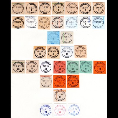 BRD, Sammlung 34 verschiedene Stempel Nürnberg Postscheckamt, je auf Briefstück