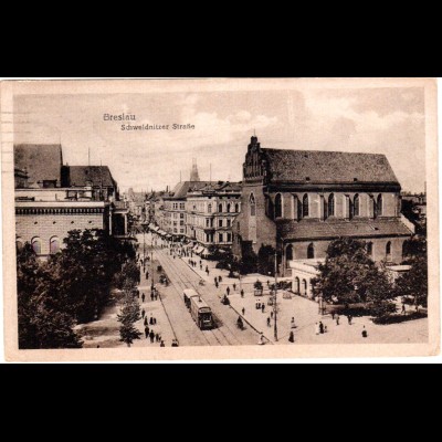 Breslau, Schweidnitzer Strasse m. Tram Bahn, 1922 gebr. sw -AK