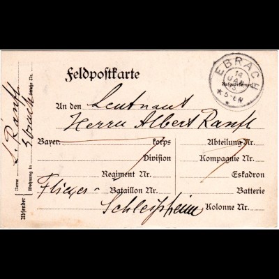 Bayern 1915, K2 EBRACH auf FP-Karte m. Adresse Flieger Battaillon Schleissheim