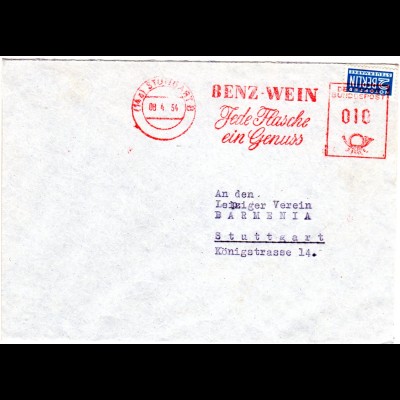 BRD 1954, Brief v. Stuttgart m. 2 Pf. Notopfer u. Benz WEIN Werbefreistempel 