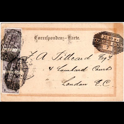 Österreich 1897, 3x1 Kr. als Zusatzfr. auf 2 Kr. Ganzsache v. KARLSBAD STADT 