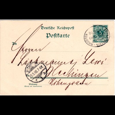 DR 1898, Bahnpost Stpl. FRANKENSTEIN-RAUDTEN auf 5 Pf. Ganzsache v. Schweidnitz
