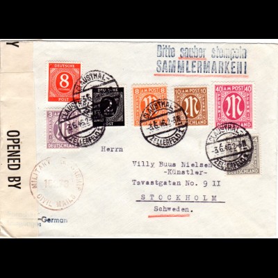 1946, 7 Marken auf portorichtigem Brief v. Clausthal-Zellerfeld n. Schweden