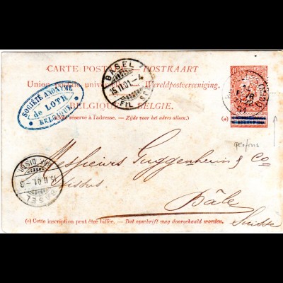 Belgien 1901, 10 C. Ganzsache m. perfin v. Bruxelles i.d. Schweiz