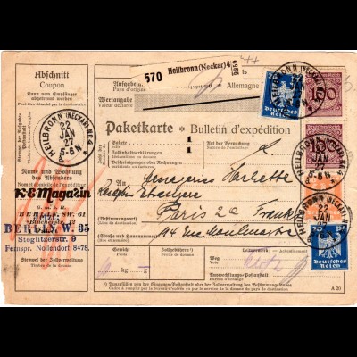 DR 1927, 2x20+50+2x100 Pf. auf Paketkarte v. Heilbronn n. Frankreich.