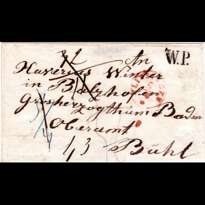 NL 1850, roter K1 VLISSINGEN u. W.P. auf Porto Brief nach Bühl in Baden.