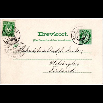 Norwegen 1905, 5 öre Zusatzfr. auf 5 öre Ganzsache v. VINSTRA n. Finnland