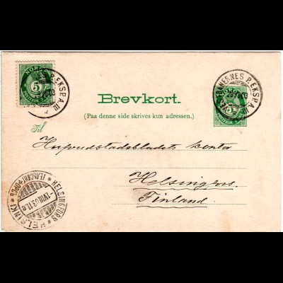 Norwegen 1905, 5 öre Zusatzfr. auf 5 öre Ganzsache m. Bahnpost Stpl. n. Finnland