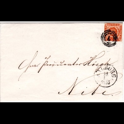 Dänemark 1855, breitrandige 4 S. auf schönem Brief m. Nr.Stpl. 4, AALBORG