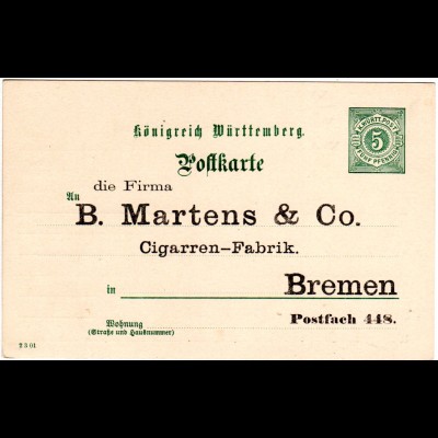 Württemberg, ungebr. 5 Pf. Ganzsache m. Zudruck Martens&Co. Zigarren Bremen