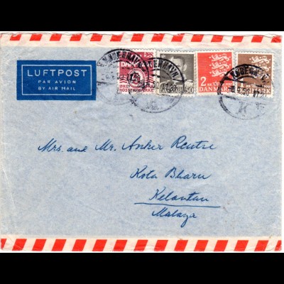 Dänemark 1950, 5+50 öre+1+2 Kr. auf Luftpost Brief v. Kopenhagen n. Malaya