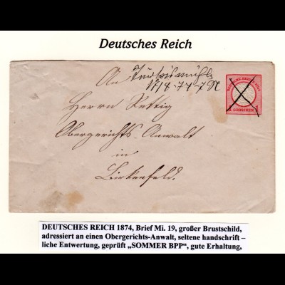 DR 1874, TÜRKISMÜHLE, hds. Entwertung auf 1 Gr. Ganzsache Brief n. Birkenfeld.