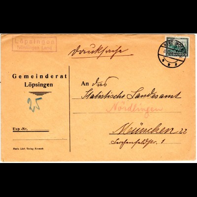 DR 1931, Landpost Stpl. LÖPSINGEN Nördlingen Land auf Brief m. 8 Pf.