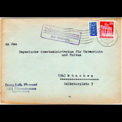 BRD 1951, Landpost Stpl. DÜRRENZIMMERN über Nördlingen auf Brief m. 20 Pf.