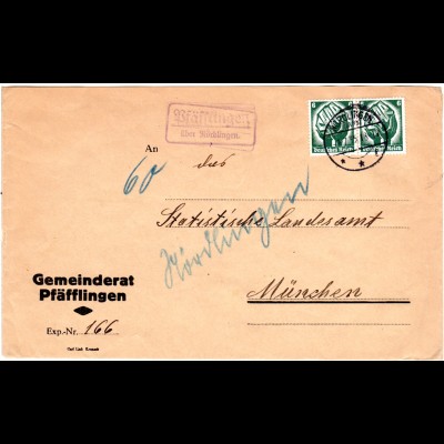 DR 1935, Landpost Stpl. Pfäfflingen über Nördlingen auf Brief m. MeF 6 Pf.