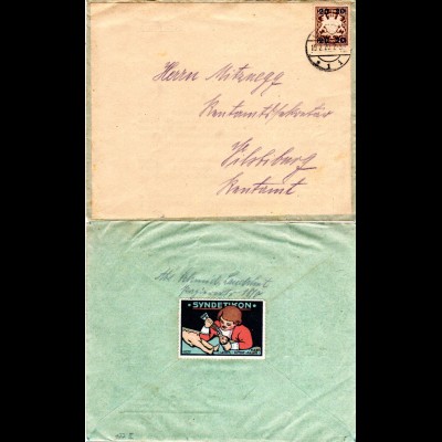 Bayern 1920, 20/3 Pf. auf Brief v. Landshut m. rückseitiger Verschluss Vignette