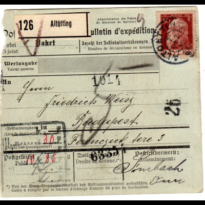 Bayern 1914, EF 50 Pf. Luitpold auf Paketkarte v. ALTÖTTING n. Ungarn