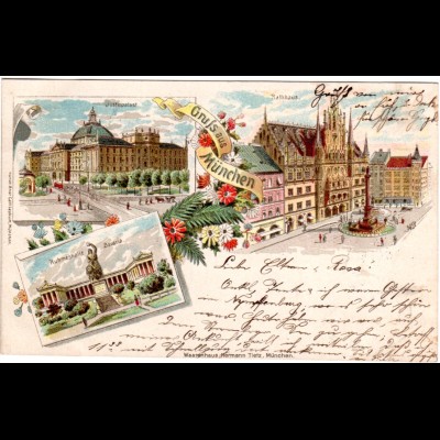Gruss aus München m. Justizpalast u. Rathaus, 1898 gebr. Litho-AK