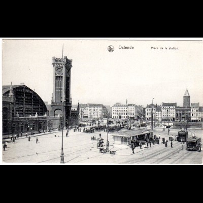 Belgien, Ostende, place de la station, Bahnhof m. Tram Bahn, ungebr. sw-AK
