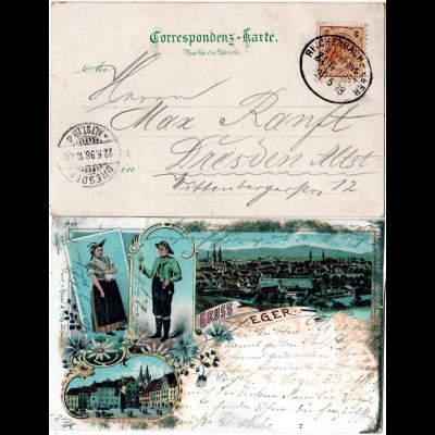 DR 1898, Bahnpost Reichenbach-Eger auf Österreich Litho-AK m. 2 Kr. v. EGER