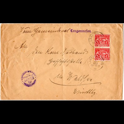 Bayern 1919, MeF 2x10 Pf. Dienst auf Gemeiderats Brief v. LANGENMOSEN