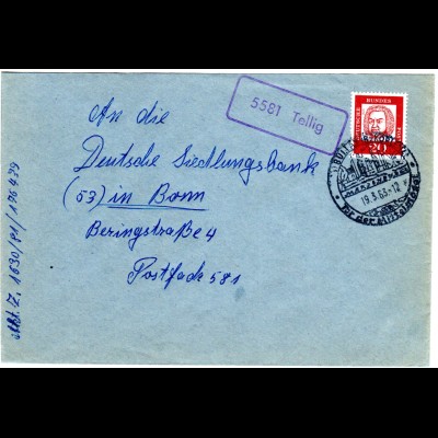 BRD 1963, Landpost Stpl. 5581 TELLIG klar auf Brief m. 20 Pf. v. BULLAY