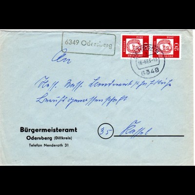 BRD 1963, Landpost Stpl. 6349 ODERSBERG auf Brief m. 2x20 Pf. v. Herborn