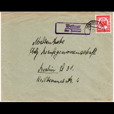 DR 1935, Landpost Stpl. WETTMAR über Hannover auf Brief m. 12 Pf. Schiller