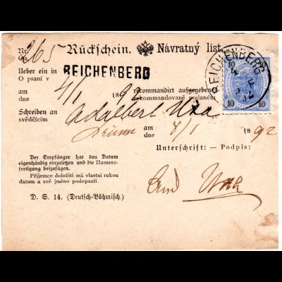 Österreich 1892, 10 Kr. auf Rückschein v. Reichenberg in Böhmen.