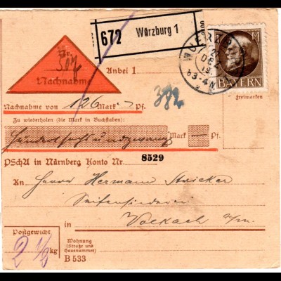 Bayern 1919, EF 1 Mk. auf Nachnahme Paketkarte v. Würzburg n. Volkach