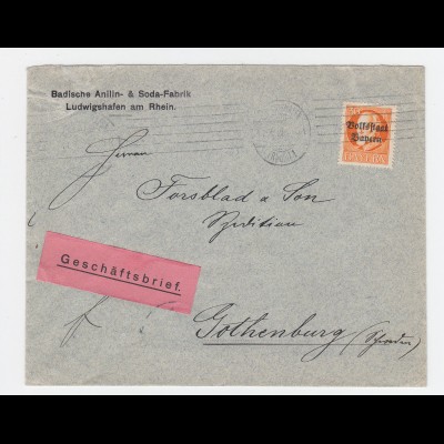 Bayern 1919, EF 30 Pf. auf Geschäfts Brief v. Ludwigshafen n. Schweden. #2716