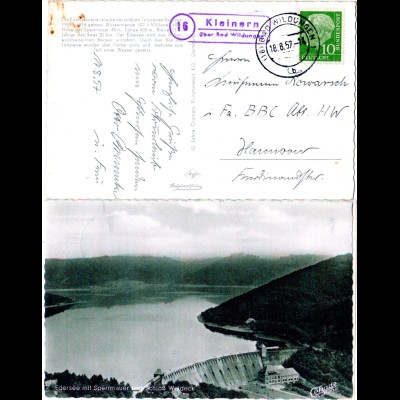 BRD 1957, Landpost Stpl. 16 KLEINERN über Bad Wildungen auf AK Staudamm.