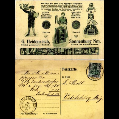 DR 1907, 5 Pf. auf attraktiver Karte Bienen Geräte ab SONNENBURG Nm. n. Bayern. 