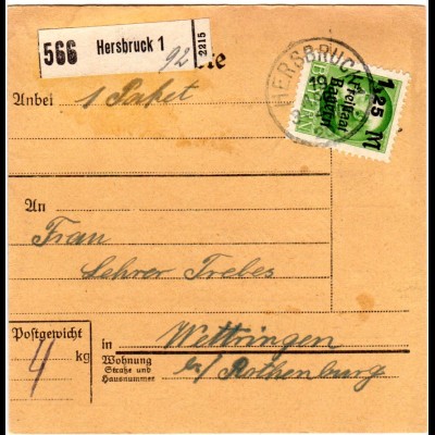 Bayern 1920, EF 1,25/1 Mk. auf Paketkarte v. HERSBRUCK