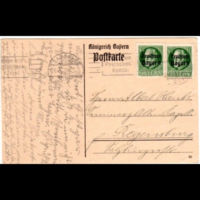 Bayern 1920, MeF 2x7 1/2 Pf. auf Karte m. Maschinenstpl. (kopfstehend!) Bamberg