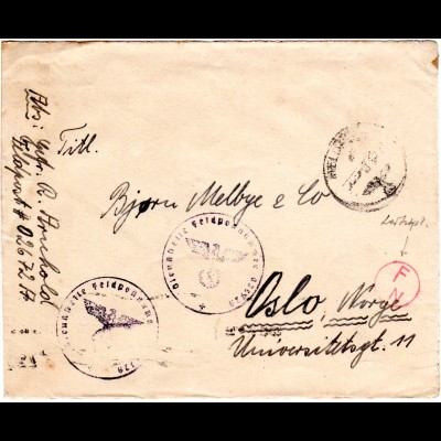 Feldpost WK II 1942 Norwegen, Brief m. rotem Leitstempel "F N"
