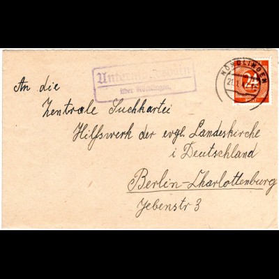 1947, Landpost Stpl. UNTERMAGERBEIN über Nördlingen auf Brief m. 24 Pf.