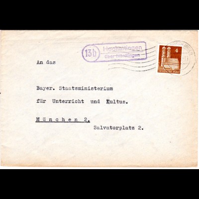 BRD 1951, Landpost Stpl. 13b HOCHALTINGEN über Nördlingen auf Brief m. 4 Pf.