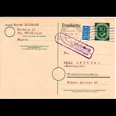 BRD 1954, Landpost Stpl. 13b HEUBERG über Nördlingen auf 10 Pf. Ganzsache 