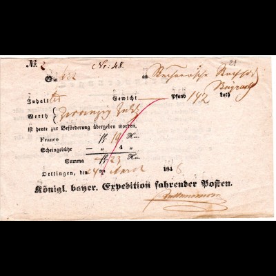 Bayern 1848, Postschein v. Öttingen f. eine Wertsendung