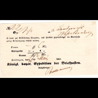 Bayern 1851, Postschein v. Öttingen m. eingedruckter Scheingebühr 6 Kr.